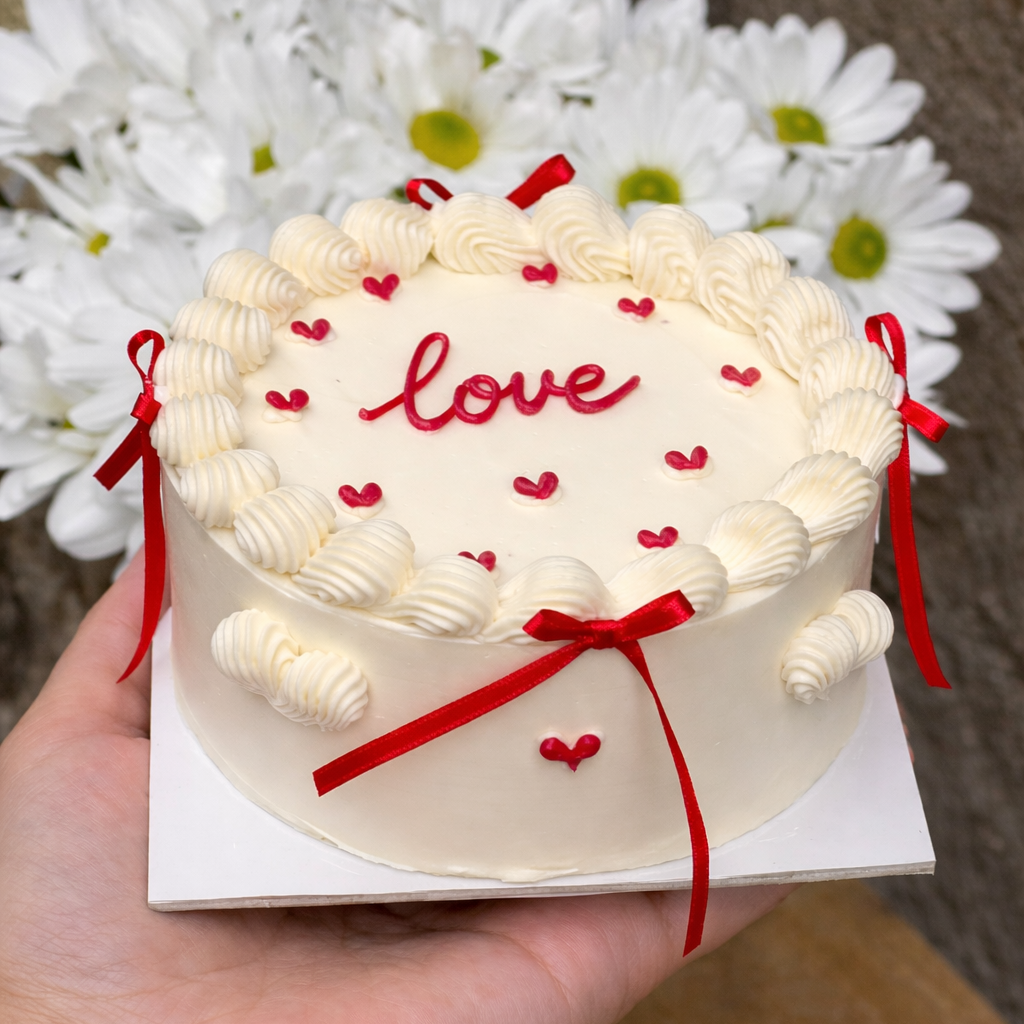 mini cake romantica con corazones, lazos y frase "LOVE"