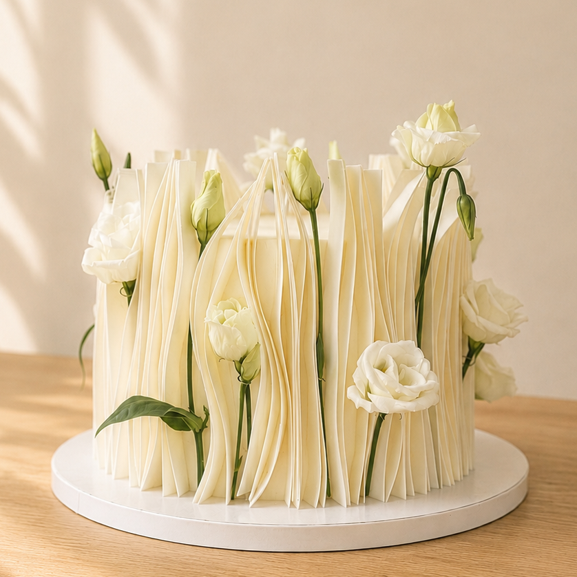 Tarta con laminas de papel comestible y flores naturales
