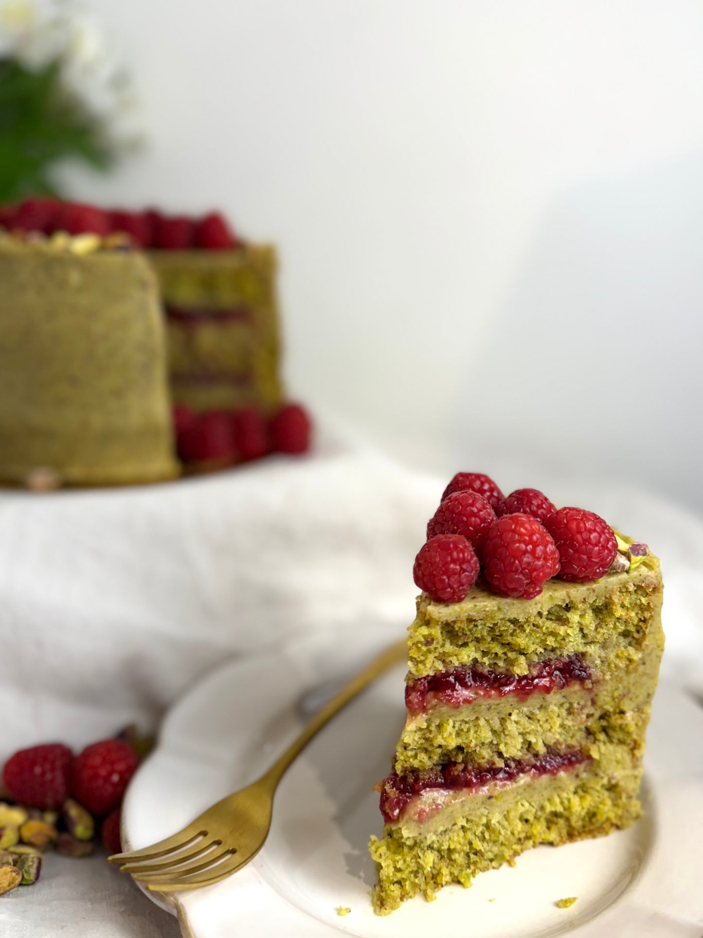 Tarta de pistacho y frambuesa